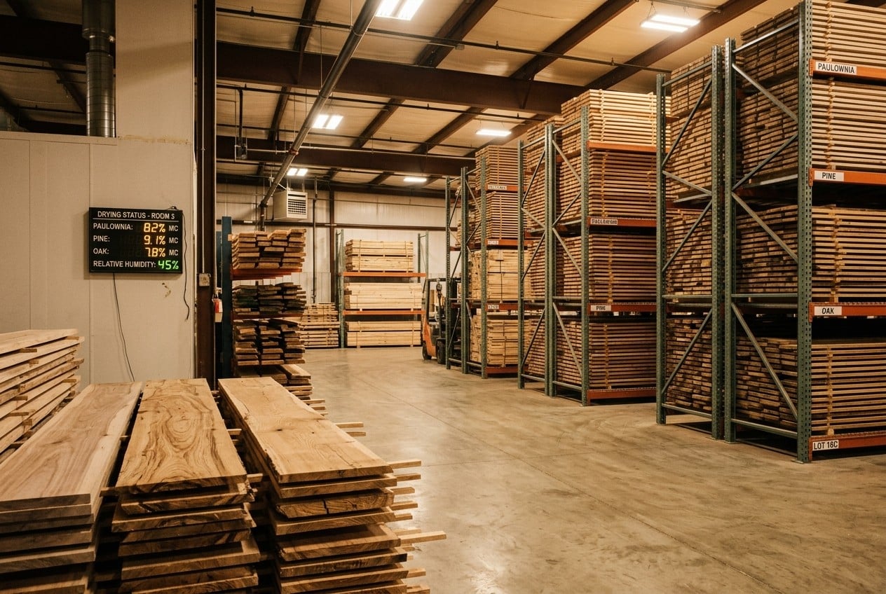 Wood drying and material preparation room with moisture monitoring