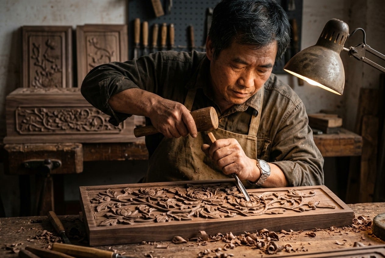 Skilled artisan hand-carving intricate floral relief on wooden casket panel