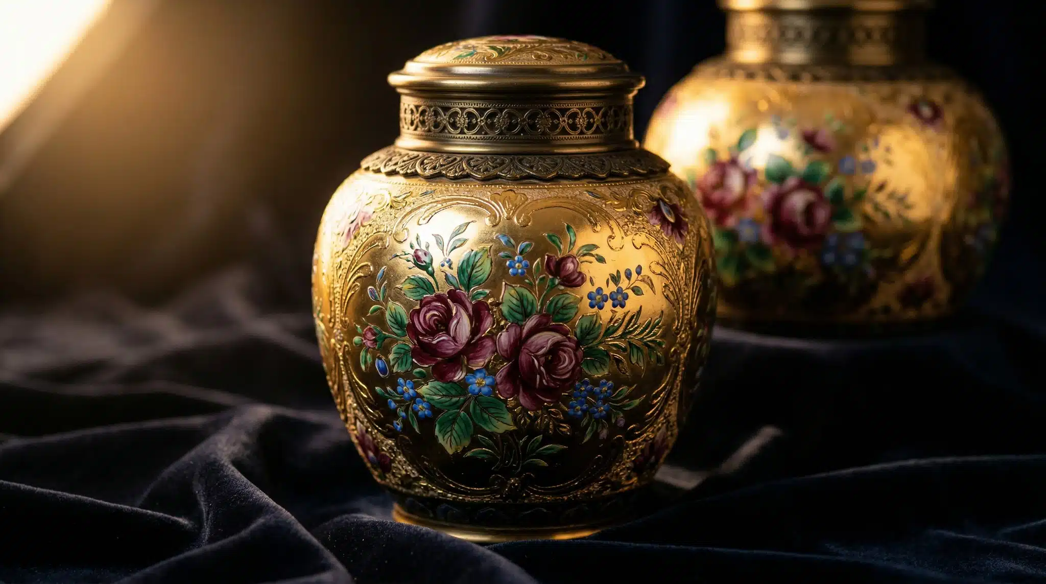 Close-up of a gilded enamel cremation urn with intricate hand-painted floral motifs