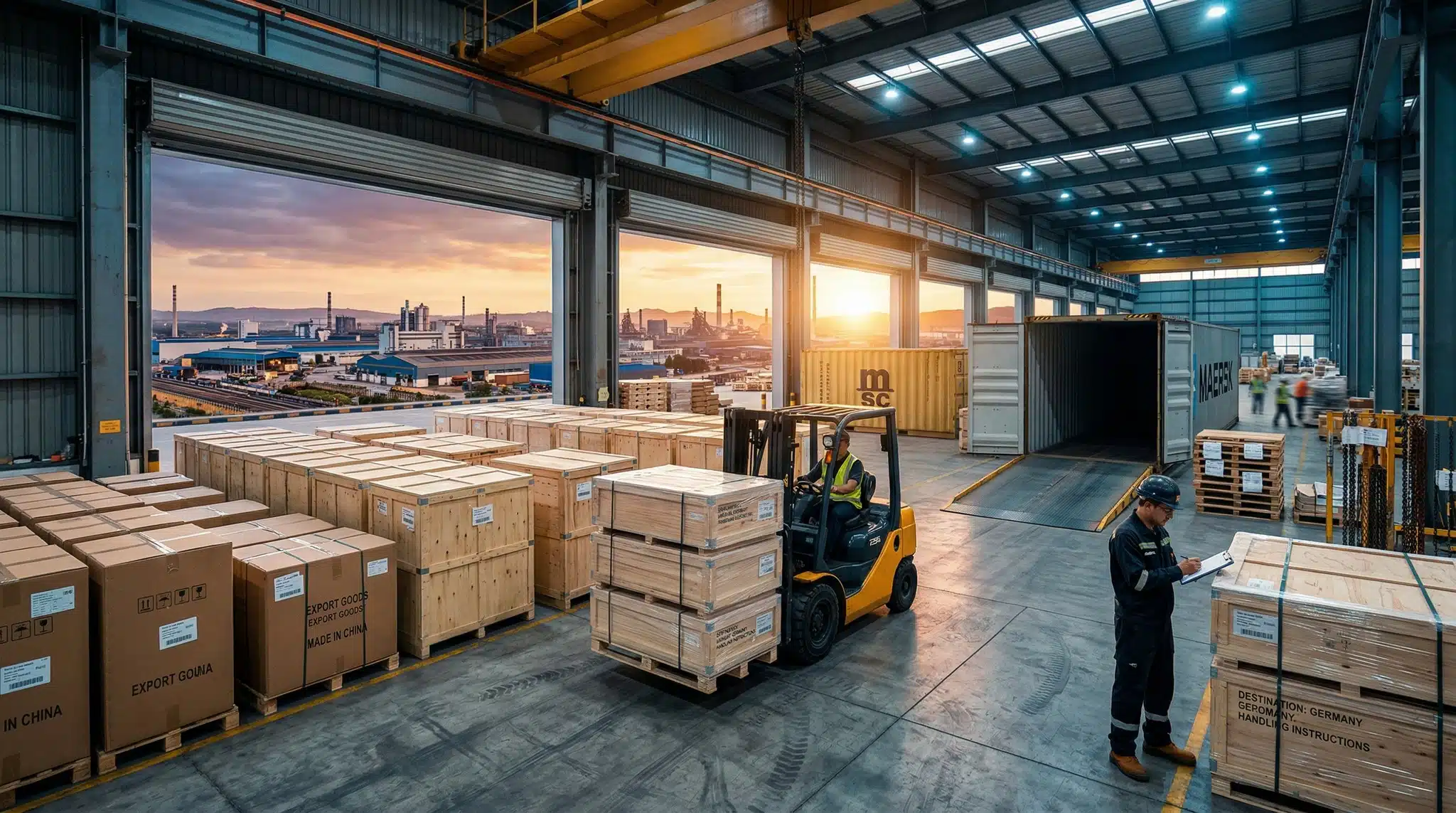 Shipping containers being loaded at a modern warehouse with stacked export-ready wooden caskets