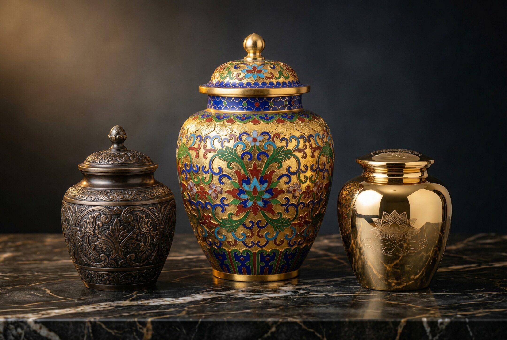 Gilded cremation urn with traditional Chinese enamel work
