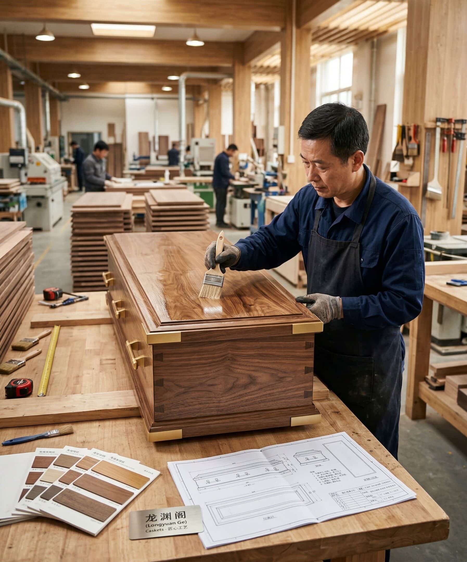 Custom casket design and finishing process at Zhongyi factory